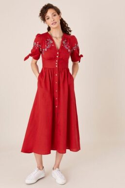 Monsoon Dolly floral embroidered midi dress red multi