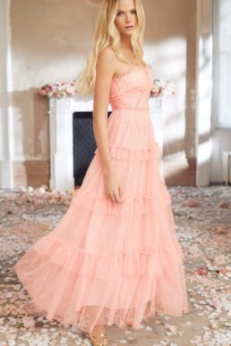 Needle & Thread Caroline Gingham Tulle Corset Maxi Gown Coral Pale Pink