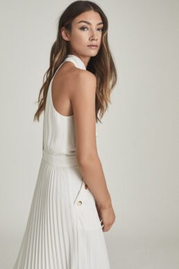Reiss Nina Halterneck Pleated Midi Dress White Cream
