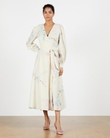 Ted Baker FLOSSSI Floral wrap long sleeve midi dress Multi Neutral Natural
