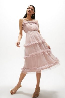 Coast Tiered Ruffle Skirt Midi Dress Blush Light Pink