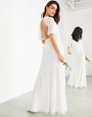 ASOS EDITION Gabriella vintage embellished wedding dress with flutter sleeve, Ivory - Image 2