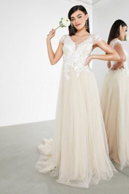 ASOS EDITION Josie mesh wedding dress with embroidered bodice and cap sleeve in cappuccino