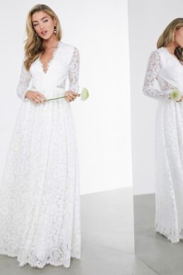 ASOS EDITION Penelope V neck lace wedding dress with open back Ivory