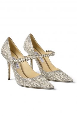 Jimmy Choo BAILY 100 Ballet Pink Suede Mary Jane Pumps with Crystal and Pearl Embellishment