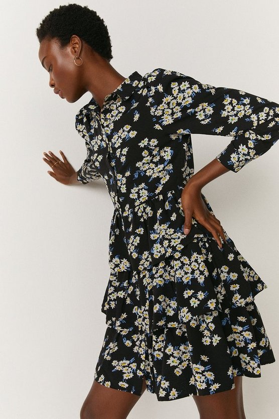 Floral Tiered Hem Mini Shirt Dress