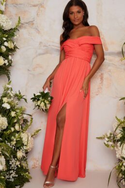 Chi Chi Bardot Ruched Bridesmaid Dress in Orange