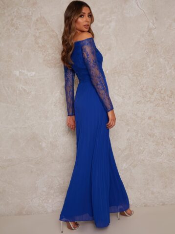 Chi Chi Lace Sleeve Bridesmaid maxi Dress in Blue - Image 2