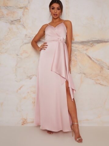 Chi Chi Satin Finish Drape Maxi Dress In Mink blush pink