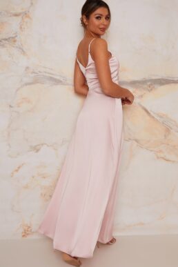 Chi Chi Satin Finish Drape Maxi Dress In Mink blush pink