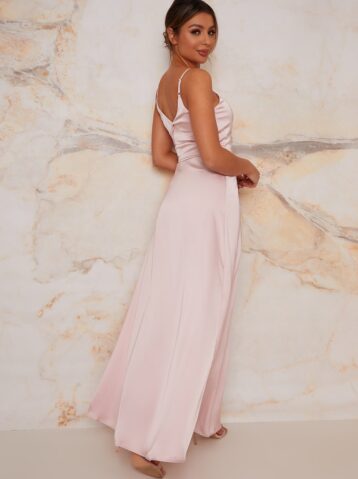 Chi Chi Satin Finish Drape Maxi Dress In Mink blush pink