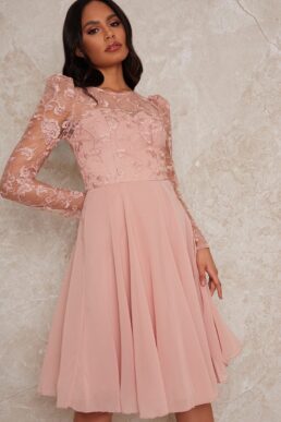 Chi Chi Sheer Long Sleeve Embroidered Skater Dress in Pink blush