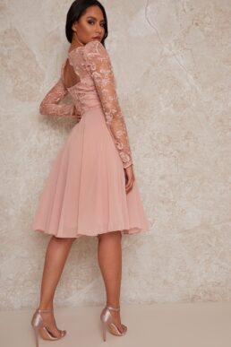 Chi Chi Sheer Long Sleeve Embroidered Skater Dress in Pink blush
