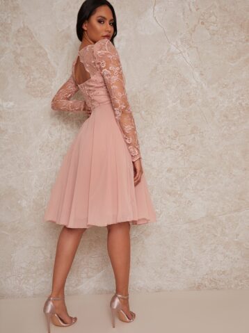 Chi Chi Sheer Long Sleeve Embroidered Skater Dress in Pink blush