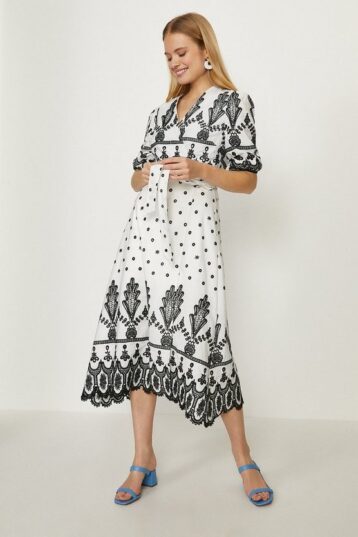 Coast Mono Broderie Detail Midi Dress Black White