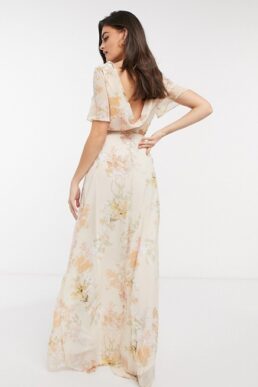 Hope & Ivy bridesmaid draped back maxi dress in peach floral ivory