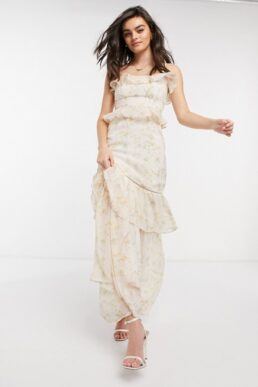 Hope & Ivy bridesmaid tiered ruffle cami maxi dress in ditsy ivory floral