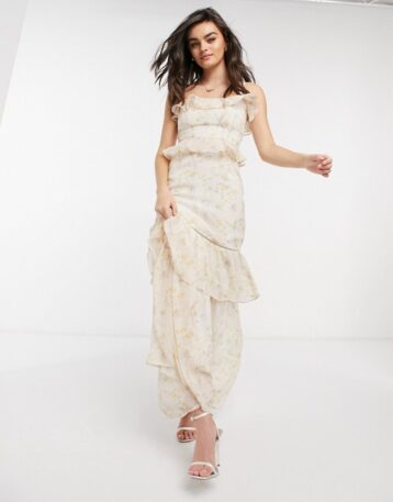 Hope & Ivy bridesmaid tiered ruffle cami maxi dress in ditsy ivory floral