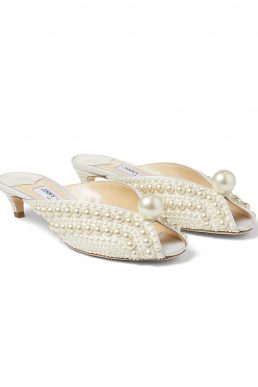 Jimmy Choo SAMANTHA 35 White Satin Mules with All-Over Pearls