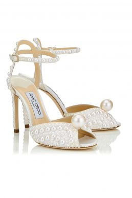 Jimmy Choo SACORA 100 White Satin Sandals with All Over Pearls