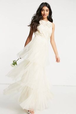 Y.A.S Bridal maxi dress with lace top and tulle tiered skirt in white