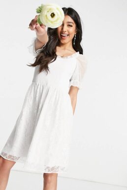 Y.A.S Bridal mini dress with shirred top mesh puff sleeve and lace skirt in white