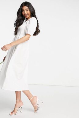 Y.A.S Bridal poplin midi dress with shirred top and puff sleeves in white