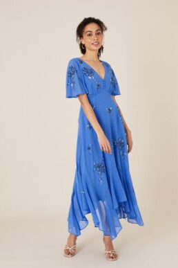 Monsoon Amira embellished hanky hem dress blue