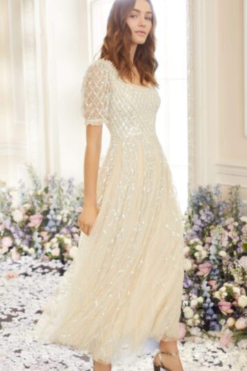 Bridal midaxi dress in ivory with silver gingham embellishment