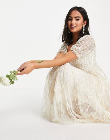 Bridal midaxi dress in ivory with silver gingham embellishment - Image 2
