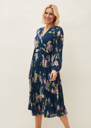 Phase Eight Elsa Floral Pleated Dress Petrol Blue Multi