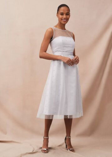 Phase Eight Evadine Pearl Embellished Tulle Dress Mineral Off White