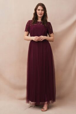 Phase Eight Kiera Lace Tulle Maxi Dress Berry Burgundy Dark Red