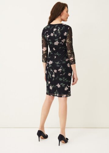 Phase Eight Leigh-Ann Lace Sleeved Dress, Black/Multi/Blush - Image 2