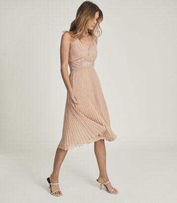 Reiss Emma Lace Pleat Detailed Midi Dress Nude Brown Pink