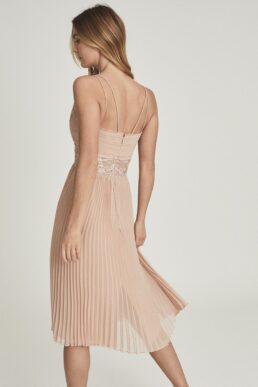 Reiss Emma Lace Pleat Detailed Midi Dress Nude Brown Pink