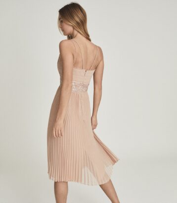 Reiss Emma Lace Pleat Detailed Midi Dress Nude Brown Pink