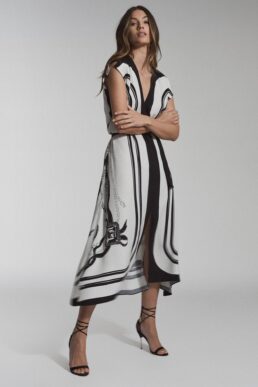 Reiss Heidi Scarf Print Midi Dress Black White Grey