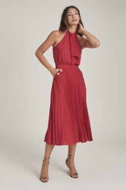 Reiss Nina Halterneck Pleated Midi Dress Red Pink
