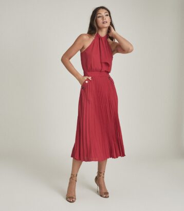 Reiss Nina Halterneck Pleated Midi Dress Red Pink