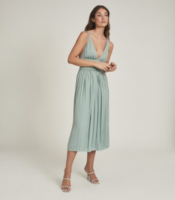 Reiss Saffy Plunge Neckline Midi Dress Seafoam Green Sage