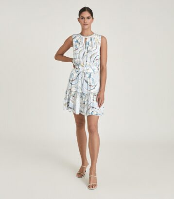 Reiss Vienna swirl printed mini dress blue grey white