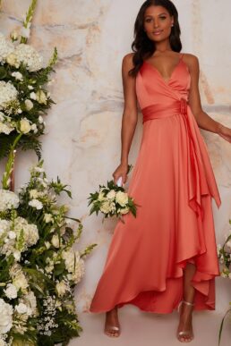 Satin Cami Strap Wrap Midi Bridesmaid Dress in Orange