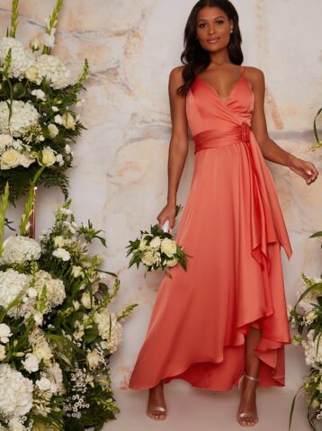 Satin Cami Strap Wrap Midi Bridesmaid Dress in Orange