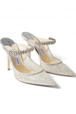 Jimmy Choo BING 100 Silver Glitter Tulle Mules with Crystal Strap