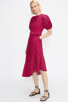 Ted Baker BELLLAA Puff Sleeve Midi Broderie Dress Deep Pink