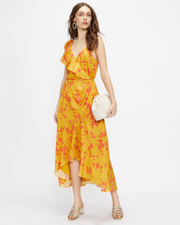 Ted Baker SARAAA Ruffle Midi Wrap Dress Yellow Pink Dresses