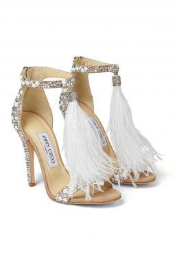 Jimmy Choo VIOLA 110 White Suede Hot Fix Crystal Embellished Sandals with Tassel
