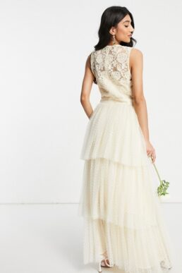 Y.A.S Bridal maxi dress with lace top and tulle tiered skirt in white