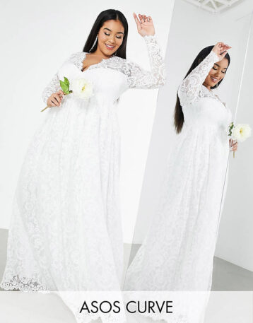 ASOS EDITION Curve Penny V neck lace wedding dress in Ivory